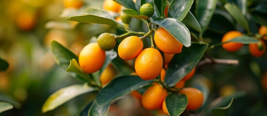 Citrus fruits, including kumquats, grow on trees with leaves.