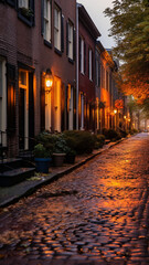 Fototapeta na wymiar Historic District Beauty at Dawn with Cobblestone Streets and Vintage Charm in Soft Light