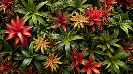 Fototapeta premium Tropical bromeliad plants with a mix of reds and greens generative ai