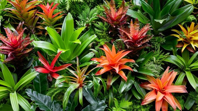 Tropical bromeliad plants with a mix of reds and greens generative ai