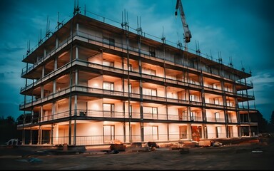 Skyscraper progress, construction sites development and tower cranes. 