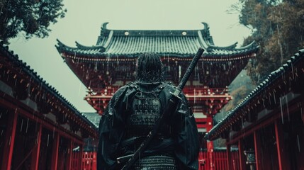a epic samurai with a weapon sword standing in front of a old japanese temple shrine.