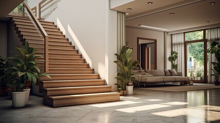 Interior of modern living room with wooden stairs. 3d render