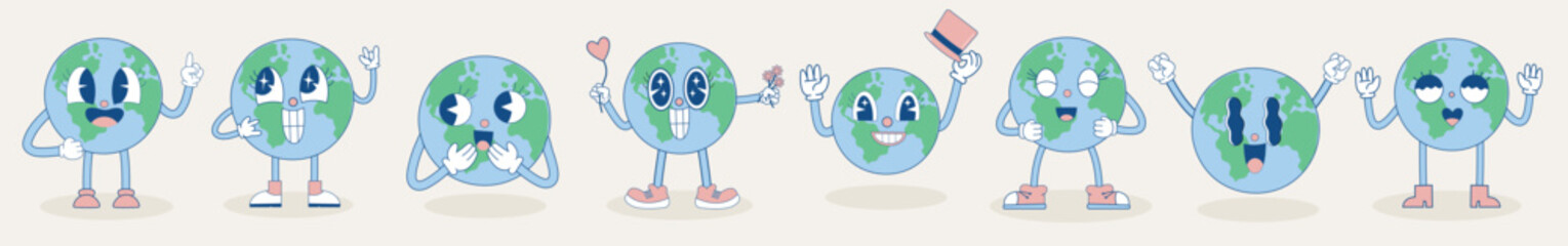 Retro planet in trendy retro cartoon style. Great planet for stickers, banners, posters, design. World Environment Day. Earth Day.