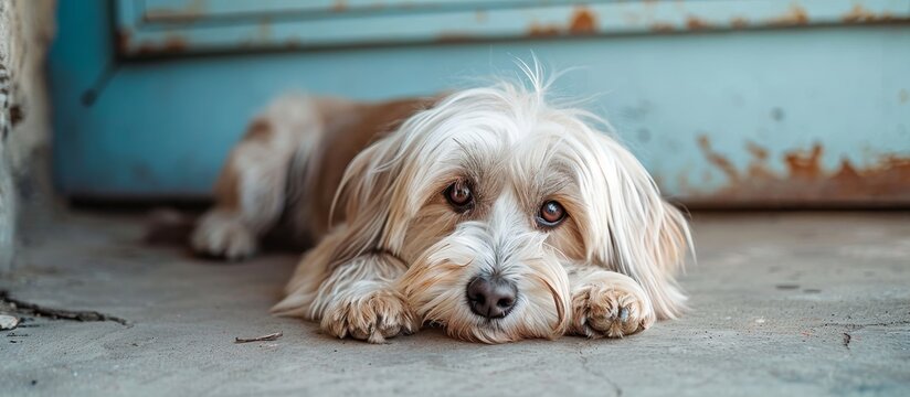 A charming mixed-breed dog with long, white hair rests outdoors in the garage, eagerly awaiting a walk from their owner.