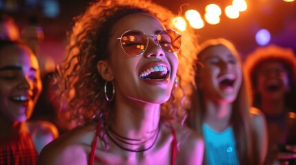 Fototapeta premium A diverse group of young friends sing at a karaoke party in a nightclub. Enjoy each other's company and laugh together