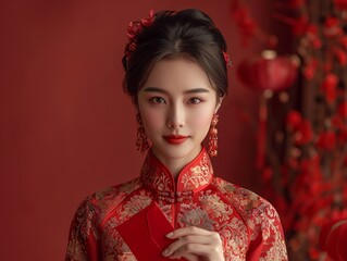 Red Envelope Exchange,Chinese model is exchanging red envelopes (hongbao) in a joyous setting