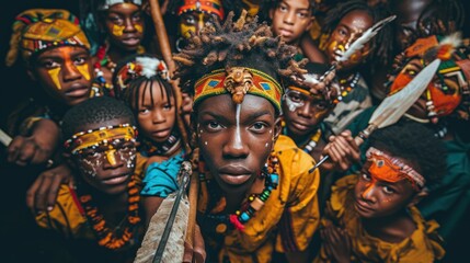Young men and women from African tribes are half-naked, covered in cultural tattoos, and makeup, and armed with stone spears. Ethnic groups in Africa - obrazy, fototapety, plakaty