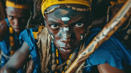 Obraz na płótnie Canvas Young men and women from African tribes are half-naked, covered in cultural tattoos, and makeup, and armed with stone spears. Ethnic groups in Africa