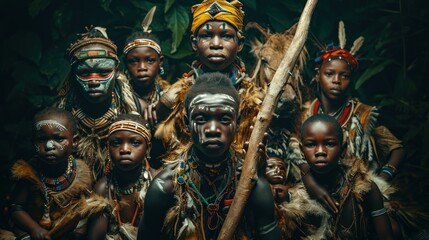 Young men and women from African tribes are half-naked, covered in cultural tattoos, and makeup, and armed with stone spears. Ethnic groups in Africa