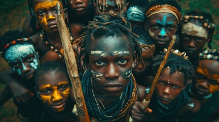 Young men and women from African tribes are half-naked, covered in cultural tattoos, and makeup,...