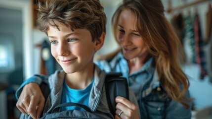 Caring for a young mother helping her teenage children get ready for school