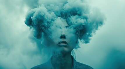 A portrait of a woman surrounded by blue smoke, smoking kills awareness  - obrazy, fototapety, plakaty
