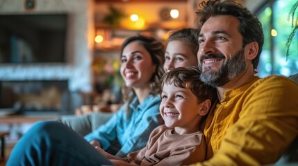 Fototapeta premium A family watching television and spending quality time together in a cozy living room.