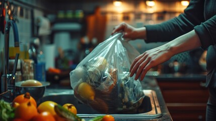 Obraz premium An individual throwing away a trash bag in the kitchen's trash bin.