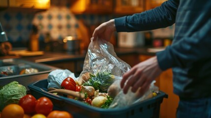 An individual throwing away a trash bag in the kitchen's trash bin.