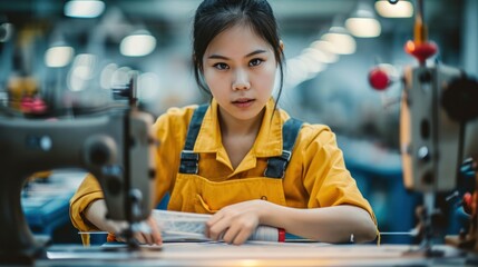 Asian seamstress in a textile factory with industrial sewing machines