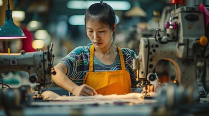 Asian seamstress in a textile factory with industrial sewing machines