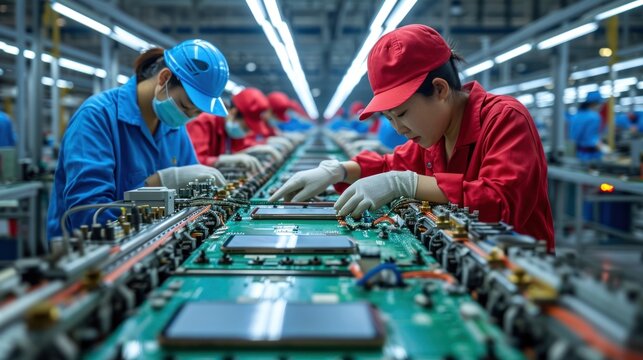 Asian workers working at technology production factory with industrial machines