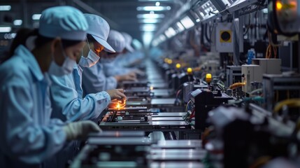 Naklejka premium Asian workers working at technology production factory with industrial machines