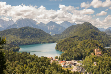 Panoramic View of Alpsee Lake Surrounded by Mountains and Forest in the Summer Near Hohenschwangau,...