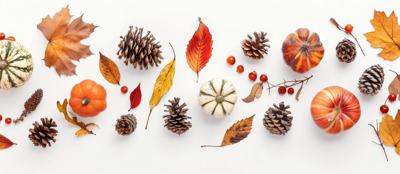 Top View Of A White Background With Autumn Objects Arranged On It.