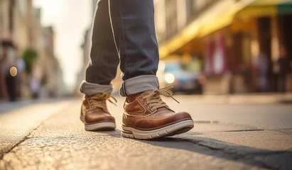 Foto op Canvas close-up shot capturing the shoes of a person walking down the street - city trip travel adventure promotion ad asset illustration © melhak