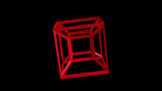 Looping red metallic rotating hypercube isolated on black