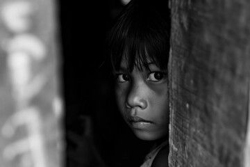 Fototapeta na wymiar A black and white portrait of a Cambodian child orphan in poverty, looking at the camera with piercing eyes.