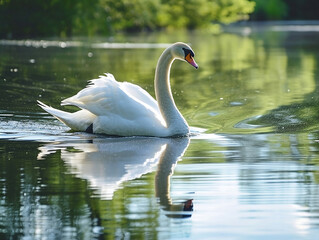Fototapeta premium Ethereal Elegance: Majestic Swan Gliding on Tranquil Lake Amidst Lush Greenery, Concept of Peace, Natural Beauty, Wildlife, and Tranquility