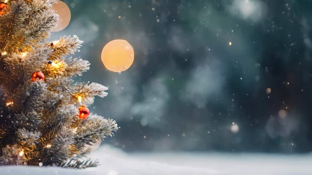 Close up green Christmas tree branches in snow background.