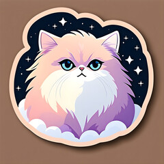 cute cartoon sticker art design of a fluffy tan and white Persian cat kitten kitty sitting on clouds beneath a starry night sky