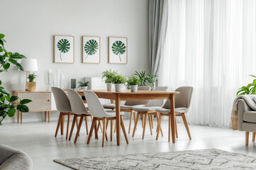 A modern and stylish dining room featuring sleek, trendy furniture, a minimalist wooden dining table, and elegant chairs, accented with contemporary art pieces