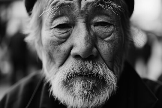 A black and white close-up portrait of an Asian man showing wrinkles and white hair, a war veteran who saw Vietnam, Cambodia and the Khmer Rouge. 
