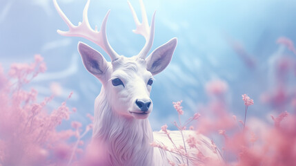Fantastic apparition with a miraculous light, of a white albino moose with antlers up close amid pink flowers and plants. A marvelous vision from a dream or in a magic forest