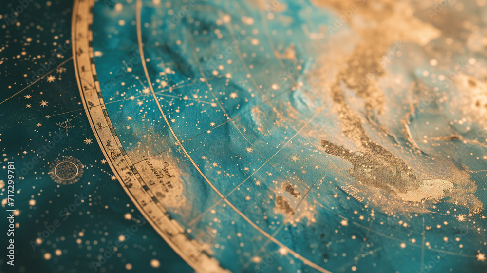 Wall mural close-up of a celestial map with intricate golden constellations against a deep blue and teal backgr