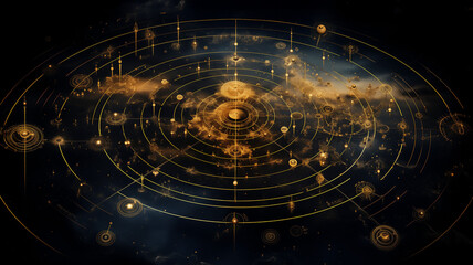 Supraterrestrial astral map of other parallel universes and higher planes of existence. Concentric circles of a golden astrological realm against a black background