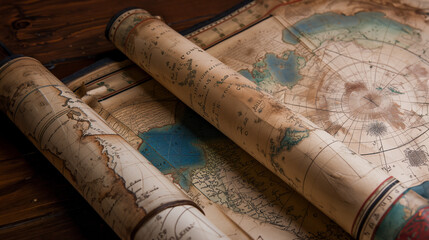 Ancient medieval navigation map rolled up to discover new territories. Old paper scroll with...