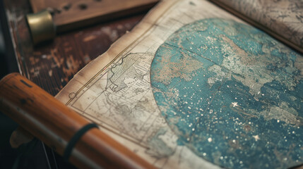 A vintage celestial map in an ancient book with intricate details, showcasing constellations and celestial bodies, displayed on a wooden surface beside a telescope