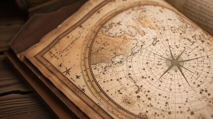 A vintage star map with constellations and zodiac signs, beautifully aged and detailed old scroll, displayed on a wooden surface