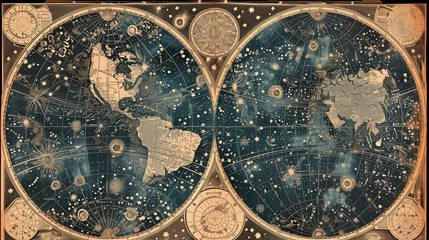 Sierkussen An ancient star map with an old representation of constellations and stars, adorned with golden symbols of medieval astrology, and phases of the moon and celestial bodies © Domingo
