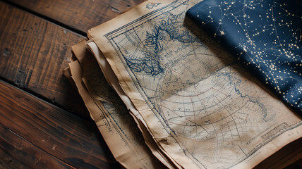 Ancient cartographic maps on old and weathered papers spread across a wooden table, with a star chart on top. Exploration, adventures, and astrology for the background of a banner or wallpaperr - obrazy, fototapety, plakaty