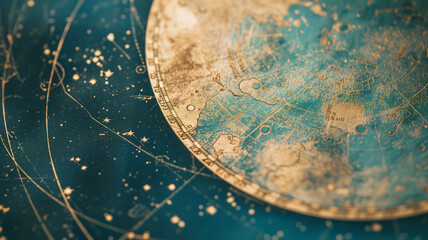 Fototapeta premium Ancient star map depicting the movement of celestial bodies, with the world in a golden circle, the earth and the blue sea, and stars in the background with lines. Mystic wallpaper for magic contents