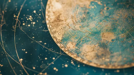  Ancient star map depicting the movement of celestial bodies, with the world in a golden circle, the earth and the blue sea, and stars in the background with  lines. Mystic wallpaper for magic contents © Domingo