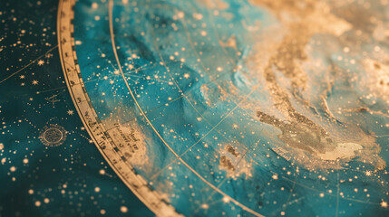 Close-up of a celestial map with intricate golden constellations against a deep blue and teal...