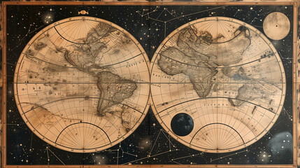 An ancient world map with an old representation of constellations and stars from of medieval...