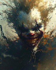 A digital painting of a scary clown smiling with big sharp shark teeth, joker face with horror...