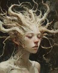 A portrait of a strange girl, tall neck. Her hair is like the branches and roots of a tree. Long white horns. A beautiful white female elf. Digital and dreamy painting and drawing, AI Generated. - obrazy, fototapety, plakaty