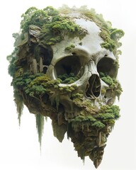 A mysterious painting of a huge skull skeleton suspended in the air covered with plants and moss. There is a treasure inside and it is in adventure style, AI generated. - obrazy, fototapety, plakaty