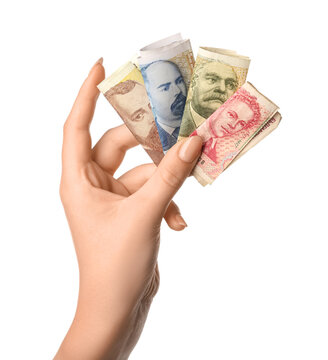 Female hand holding Bulgarian lev banknotes on white background